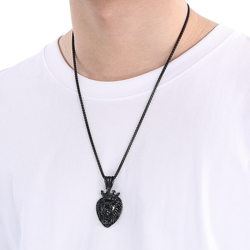 Planderful Lion Head Zircon Pendant Steel Mens Necklace