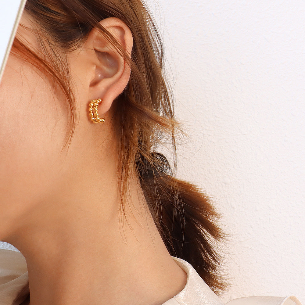 European Cold Wind Double-Layer Bead Earrings in Titanium Steel Plated with 18K Gold