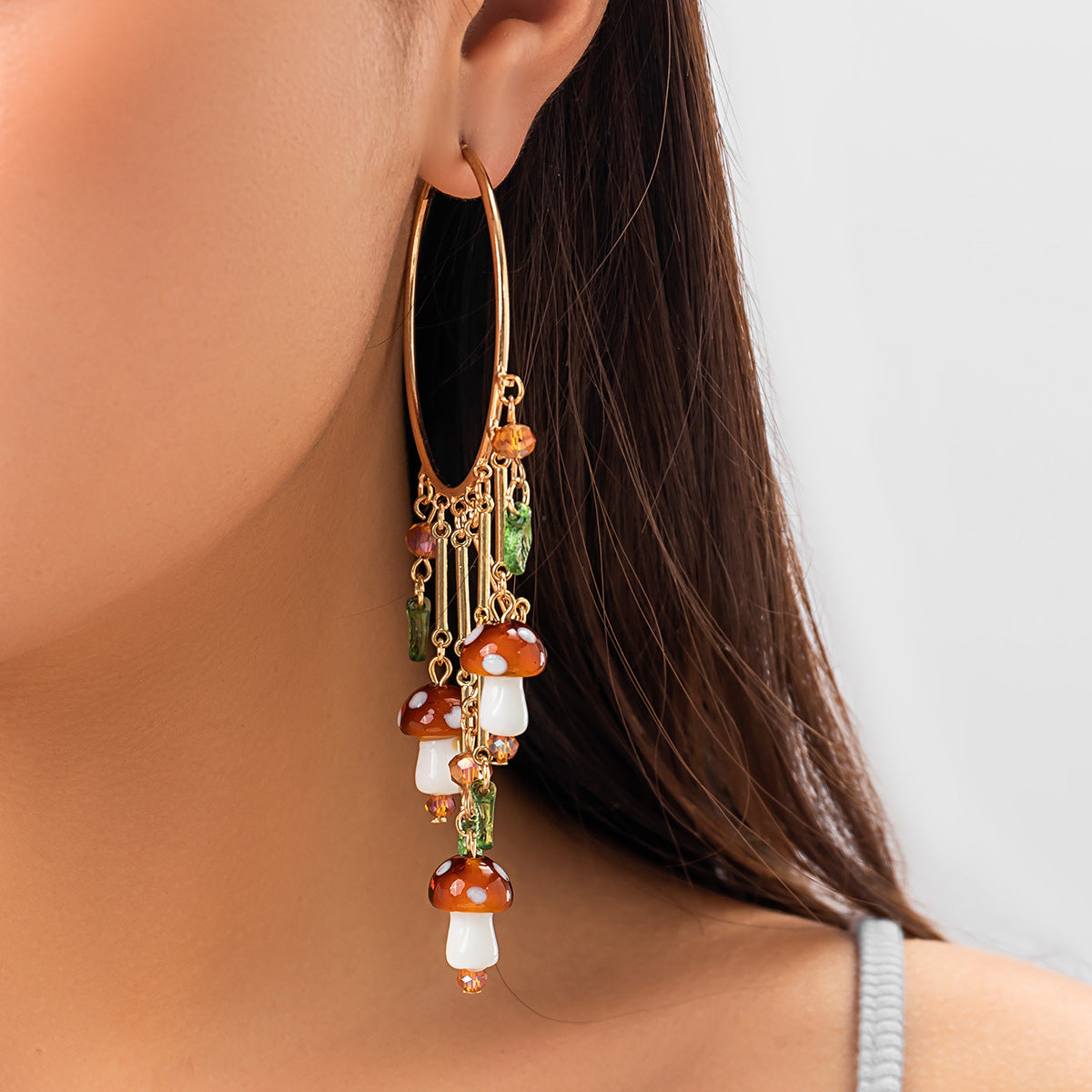 Colorful Mushroom and Leaf Tassel Earrings with Ethnic Handmade Charm