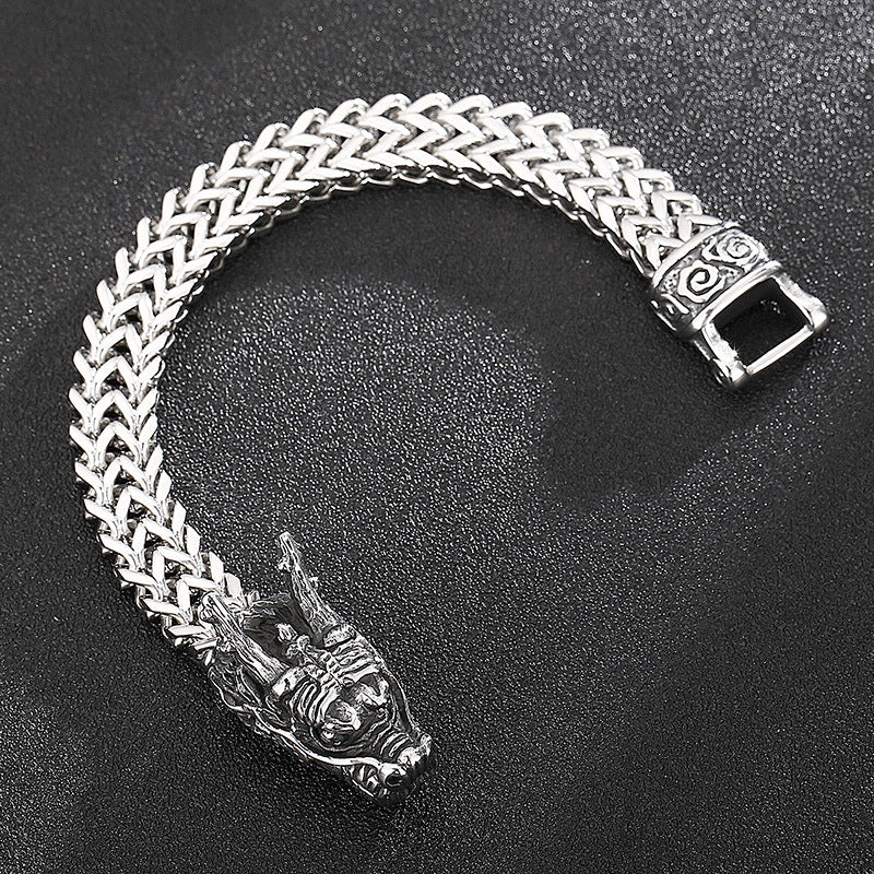 Front & Back Chain Bracelet – Punk Style Smear Casting Zodiac Dragon Head Stainless