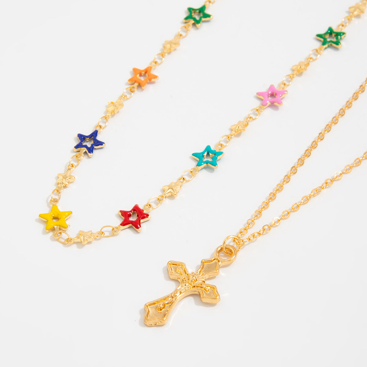 Colorful Floral Cross Layered Necklace