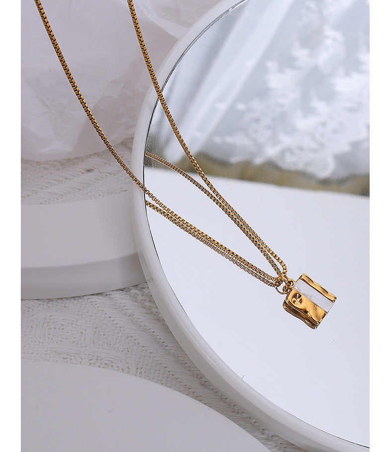French Seashell Square Pendant Necklace with 18k Gold Box Chain