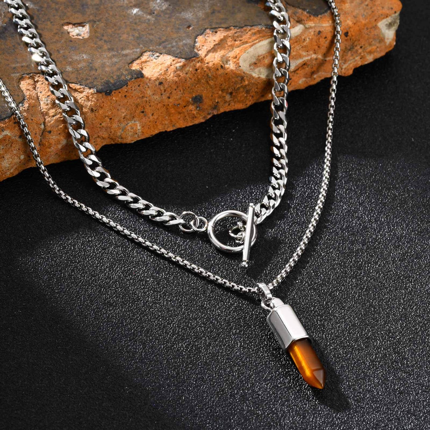 Planderful Stainless Steel Tiger Eye Agate Pendant For Men