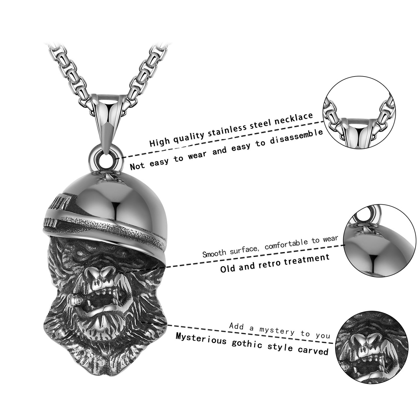 Steel Necklace – Statement Men's Skull Design For Halloween Fashion, Stainless Steel Gothic Jewelry Gift
