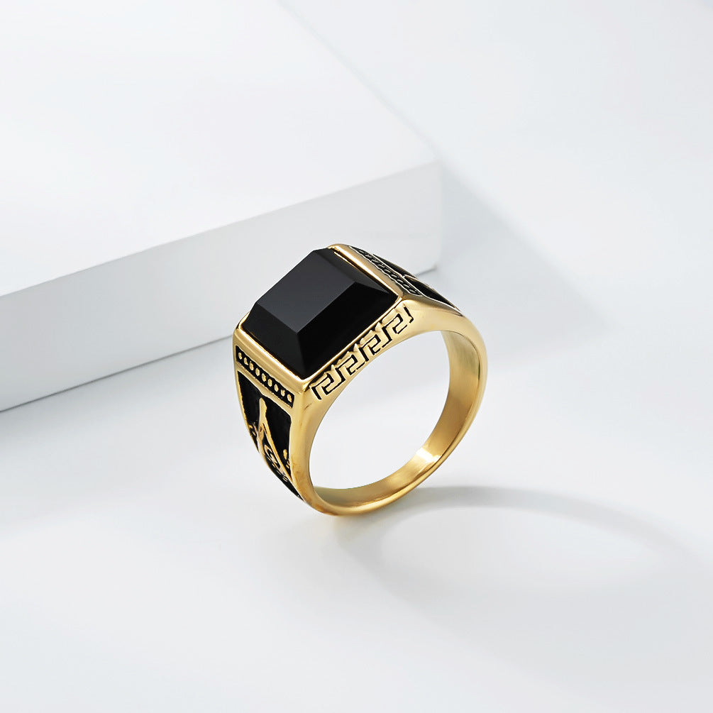 Planderful Freemason Ring Black Stone Stainless Steel Unisex Symbol Of Protection For Fraternity Members