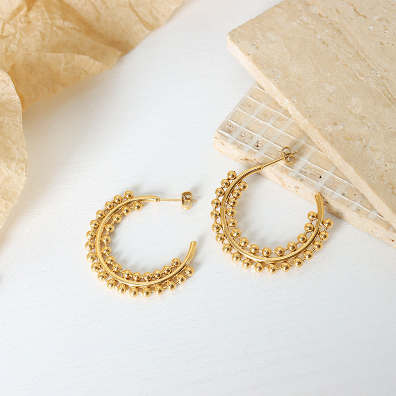 Exaggerated Double Layer Steel Ball Large Circular Earrings - Gold-Plated Titanium Jewelry