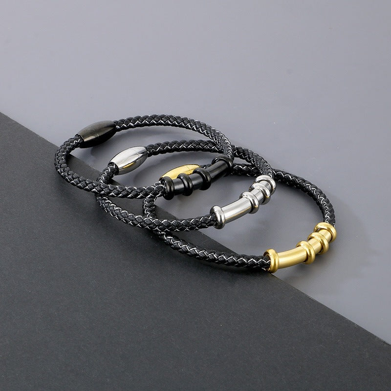 Smooth Curved Tube Leather Rope Bracelet – Woven Leather Rope Magnetic Buckle Men's