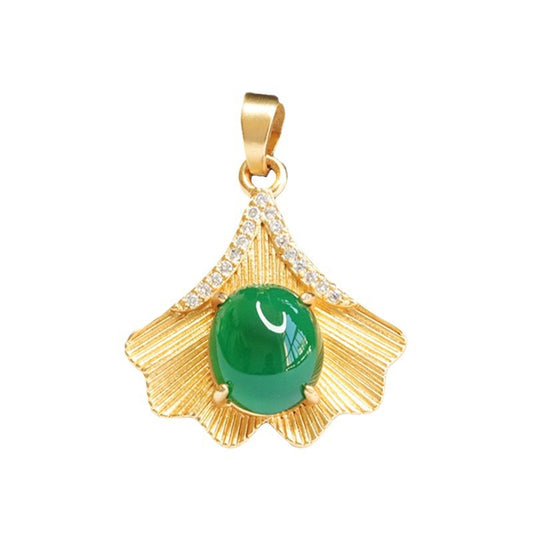 Ginkgo Leaf Pendant Necklace with Imperial Green Chalcedony