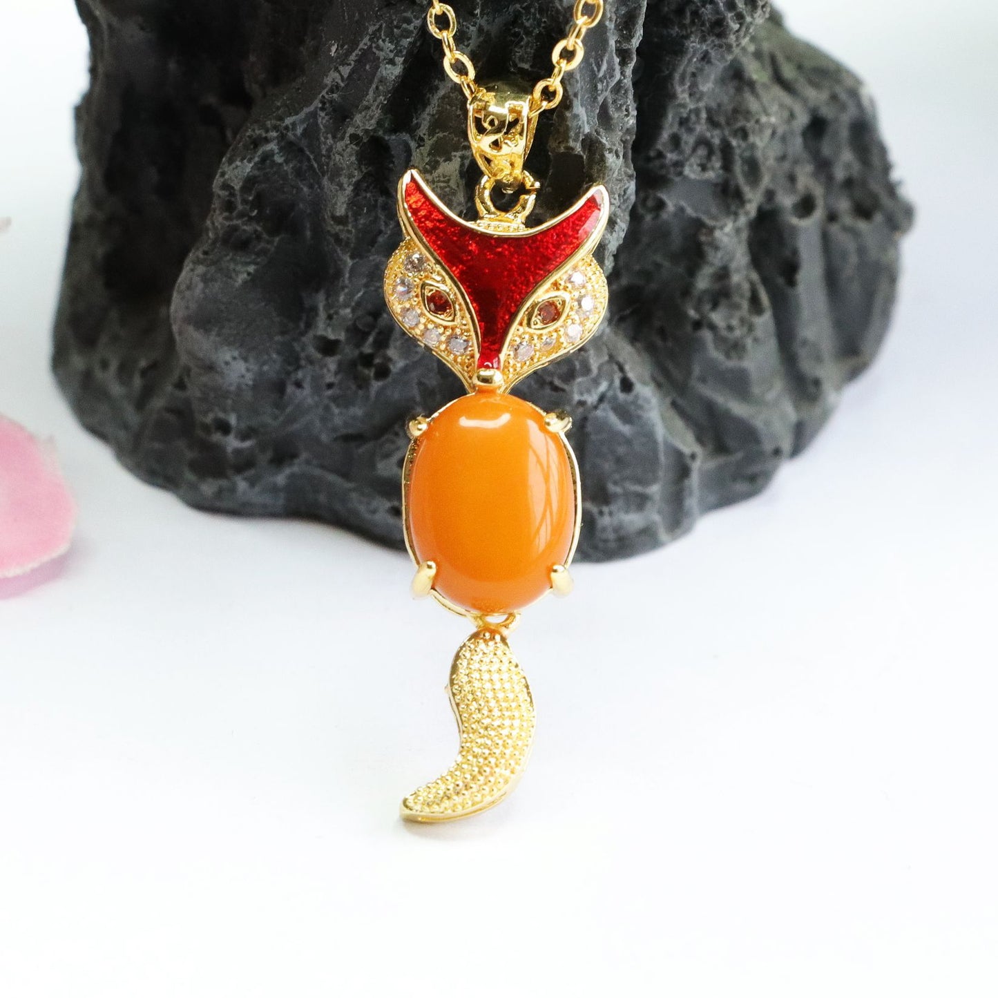 Fox Necklace with Honey Wax Amber and Zircon Accent