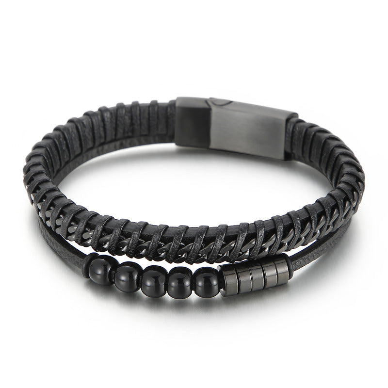 Planderful Men Punk Bracelet Magnetic Buckle Leather Rope