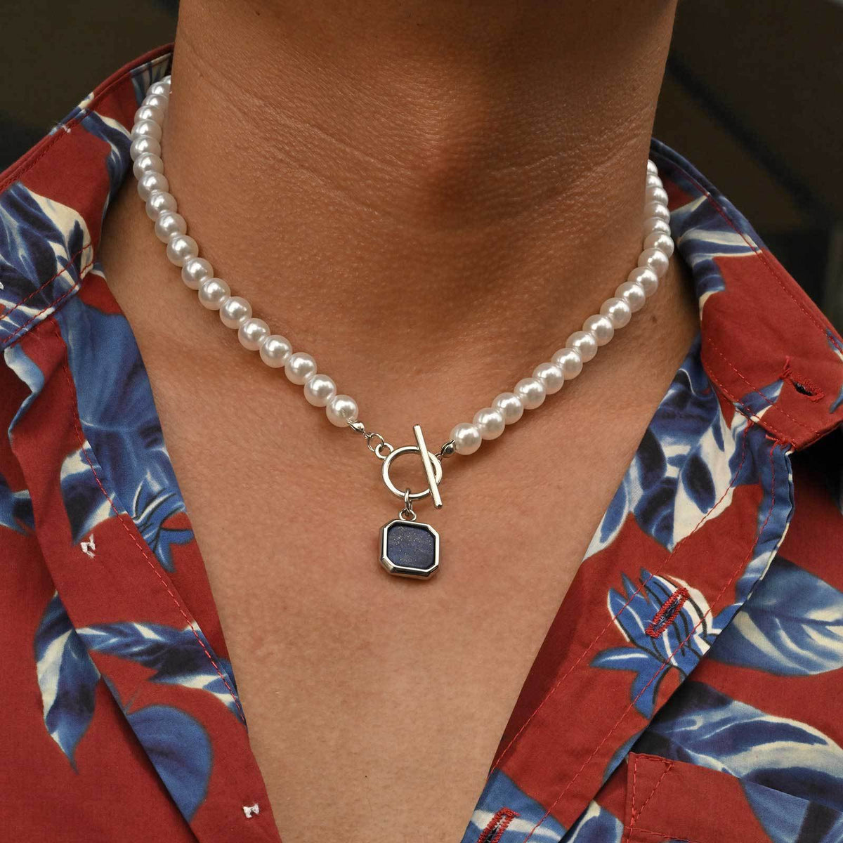 Stainless Steel Kusa Lapis Lazuli Square Pendant Imitation Pearl Necklace Steel Color