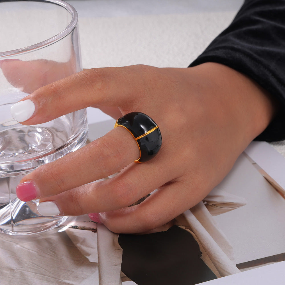 Golden Geometric Design Titanium Steel Ring with Dripping Oil Detail