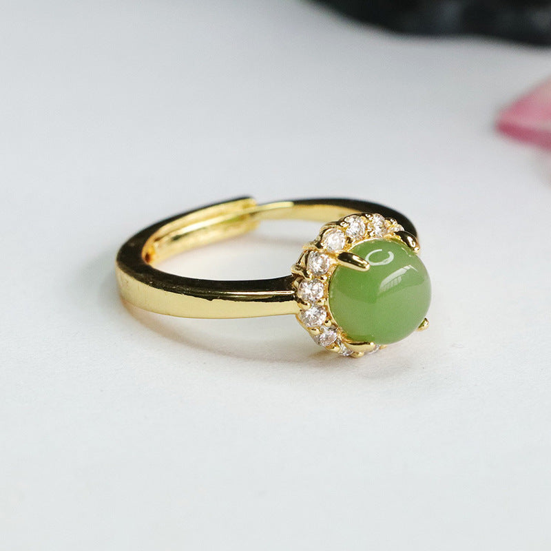 Elegant Hotan Jade and Zircon Halo Sterling Silver Ring