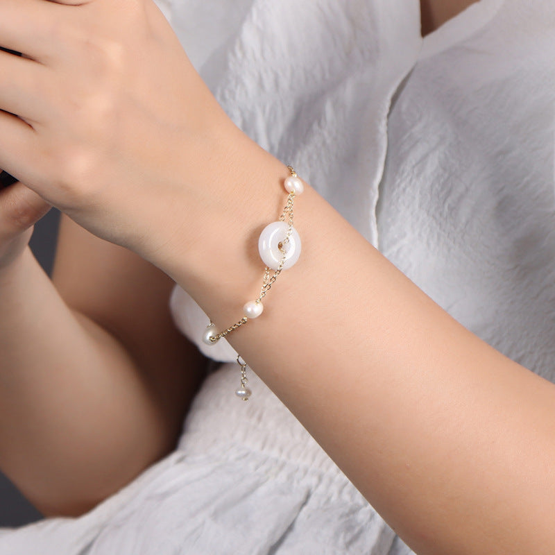 Jade and Pearl Sterling Silver Bracelet with Safety Buckle