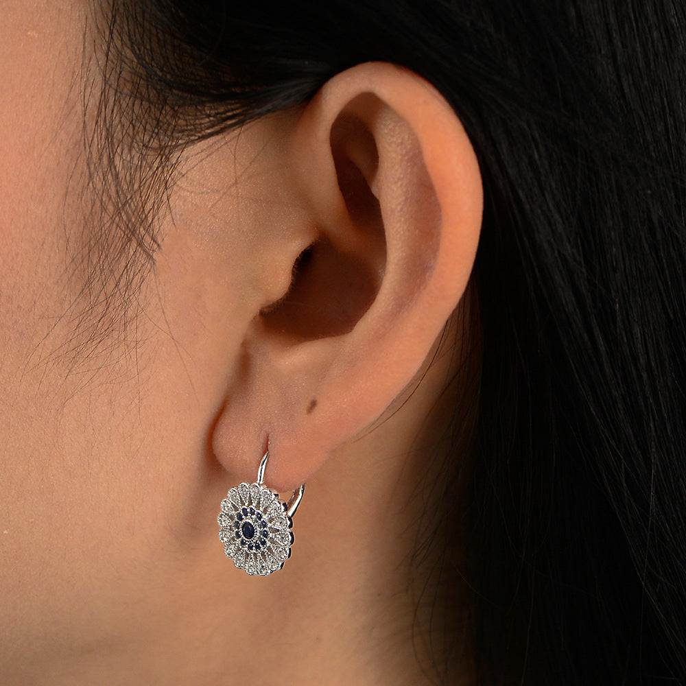 Planderful S925 Sterling Silver Sunflower Stud Earrings With Blue Zircon Luxury Jewelry For Women