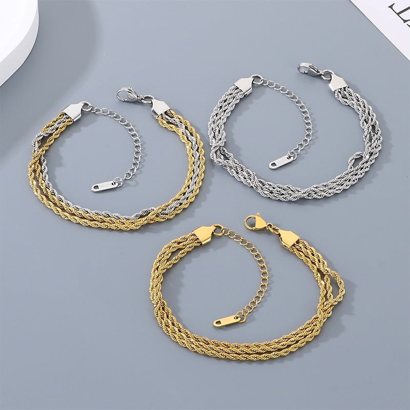 Stainless Steel Design Three-Layer Twist Chain Unisex Bracelet