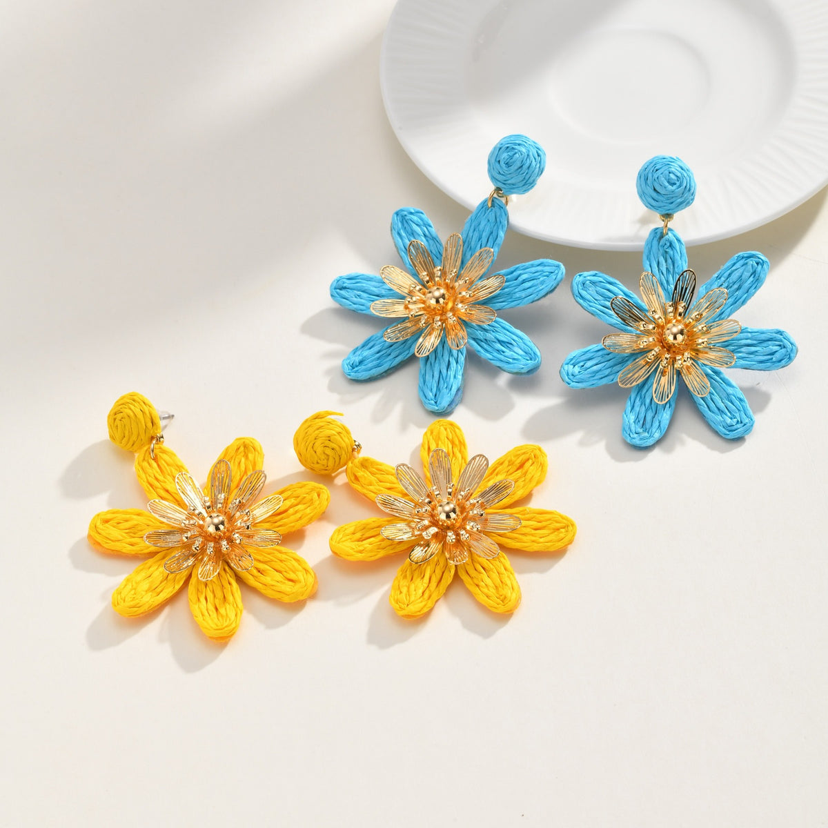 Turquoise Woven Flower Statement Earrings
