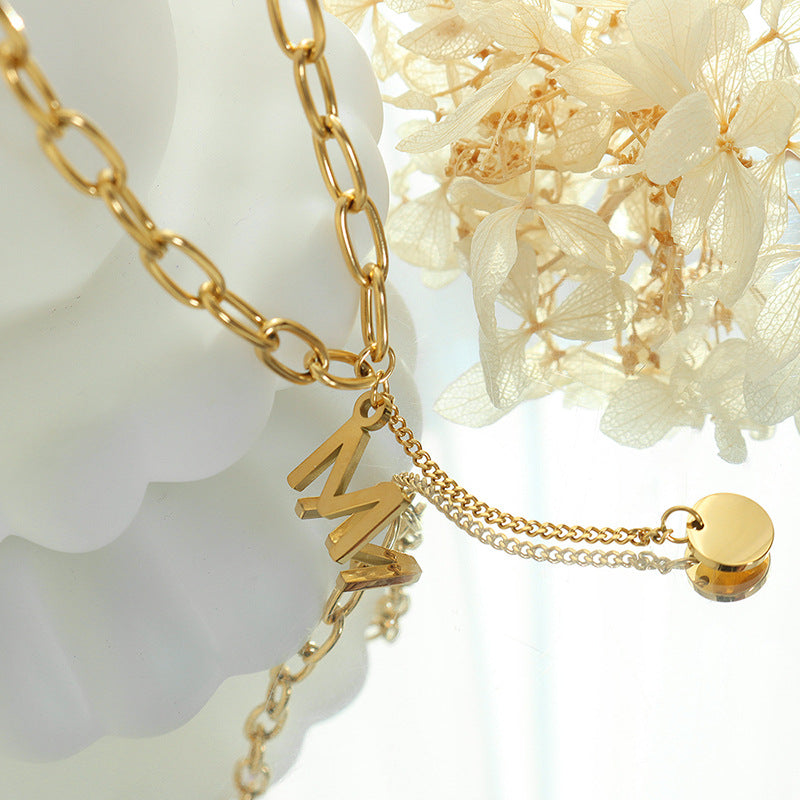 European and American Online Celebrity Letter M Tassel Round Necklace - Female Titanium Gold-Plated Accessory