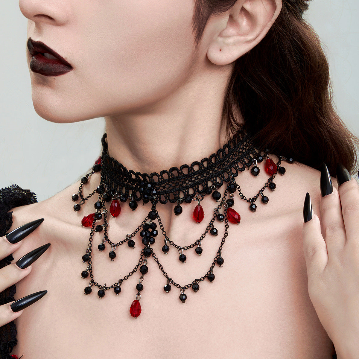 Gothic Lace Red Crystal-Style Layered Necklace