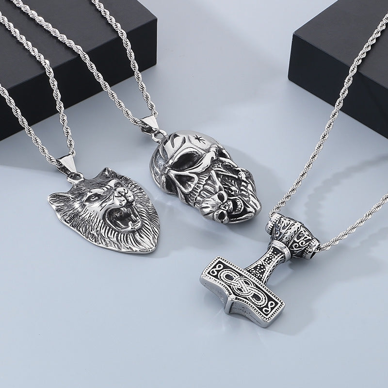 Planderful Thor Hammer Pendant Titanium Wolf Head Bold Men