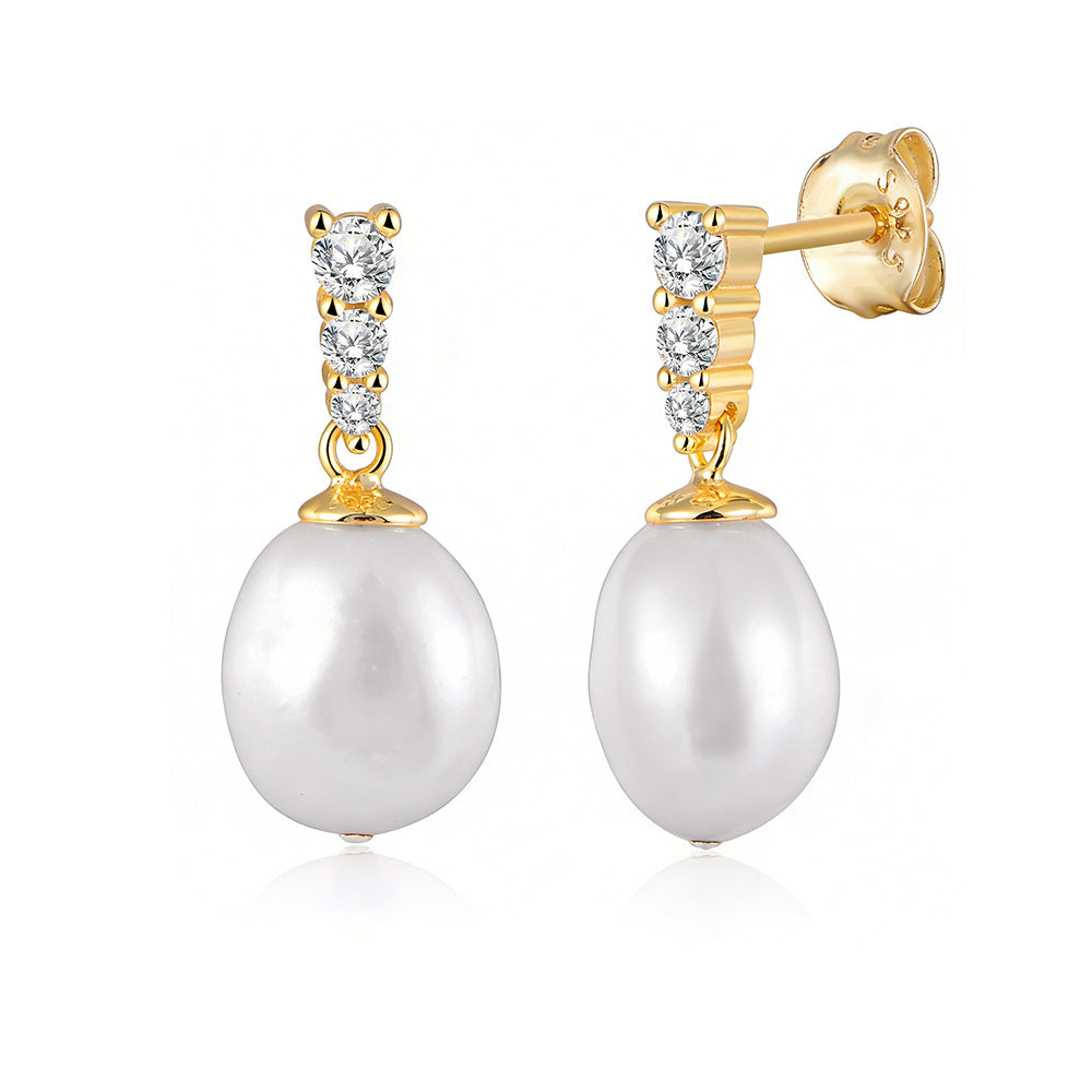 S925 Sterling Silver Natural Freshwater Baroque Pearl Earrings Micro Zircon Stud Earrings