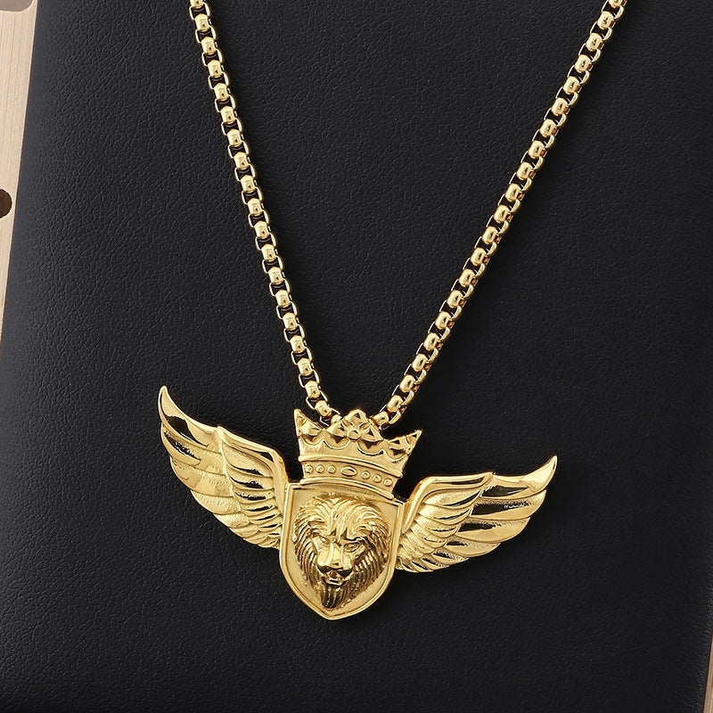 Retro Metal Lion Head Emblem Pendant with Punk Angel Wings for Men