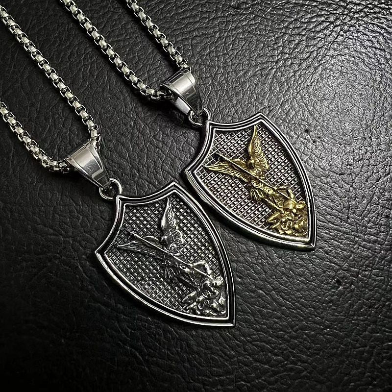 Steel Necklace - Vintage Saint Michael Shield Pendant