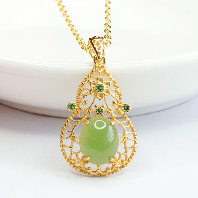 Sterling Silver Jade Pendant Necklace with Hollow Gourd Design