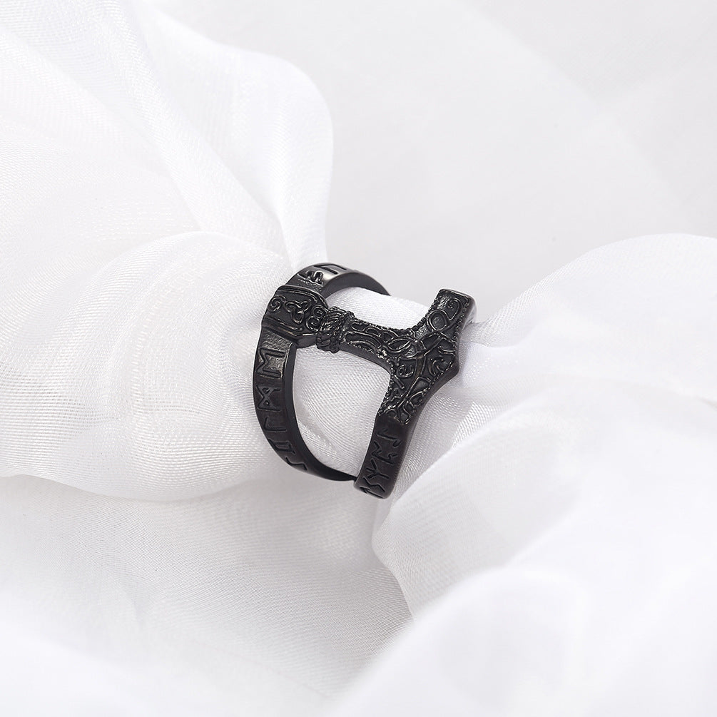 Vintage Nordic Viking Text Quake Titanium Steel Men's Ring