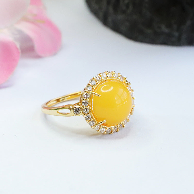 Natural Beeswax Amber Zircon Sterling Silver Halo Ring - Adjustable Diameter