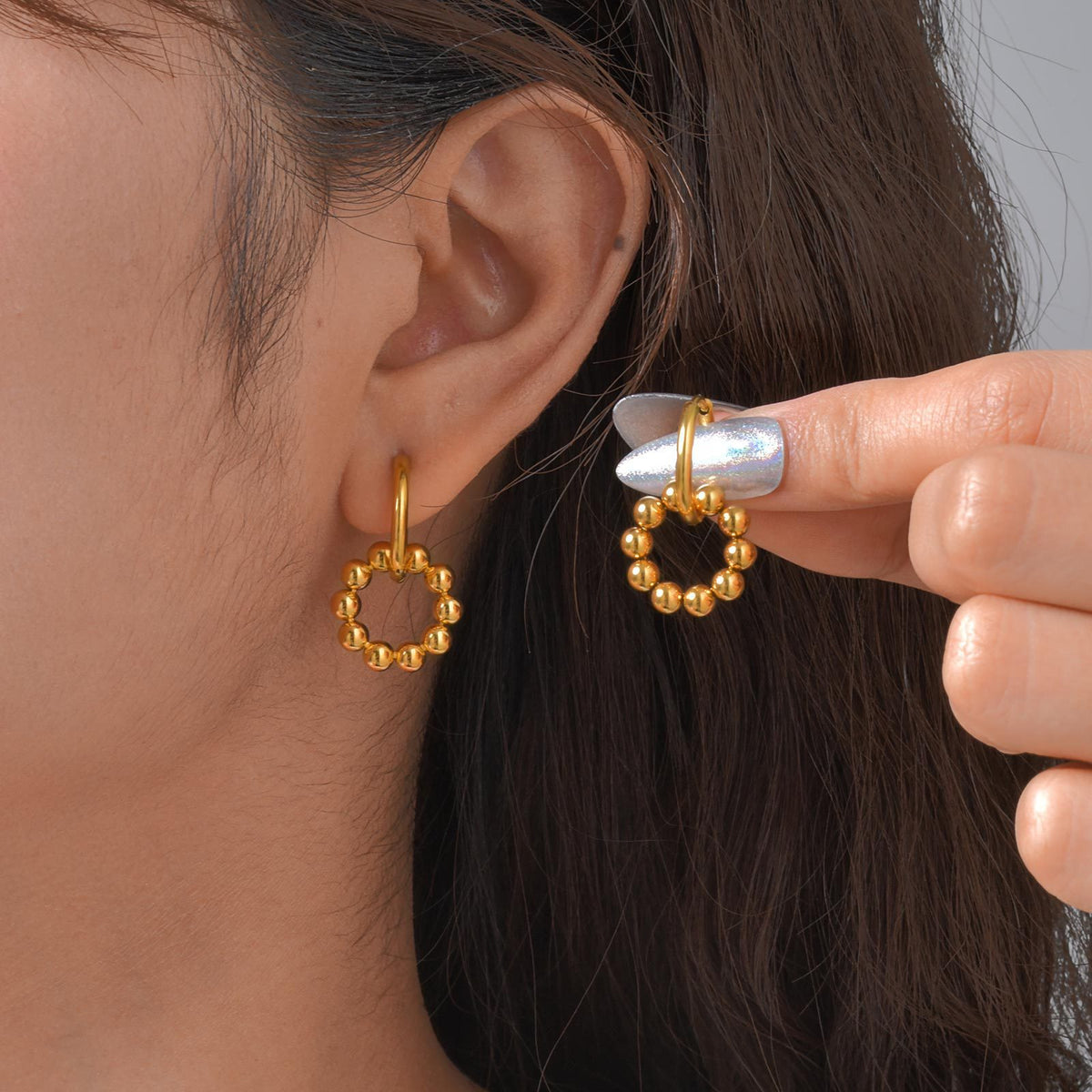 Beaded Circle Charm Hoop Earrings — 2 Gold Styles