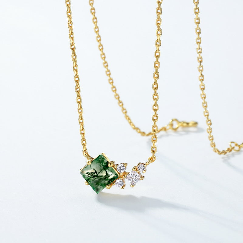 S925 Sterling Silver Gold-Plated Moss Agate Geometric Necklace