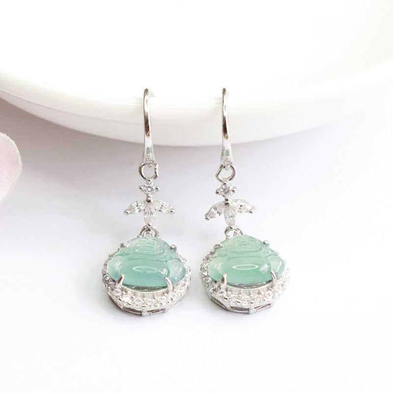 Icy Blue Jadeite Buddha 925 Silver Hook Earrings