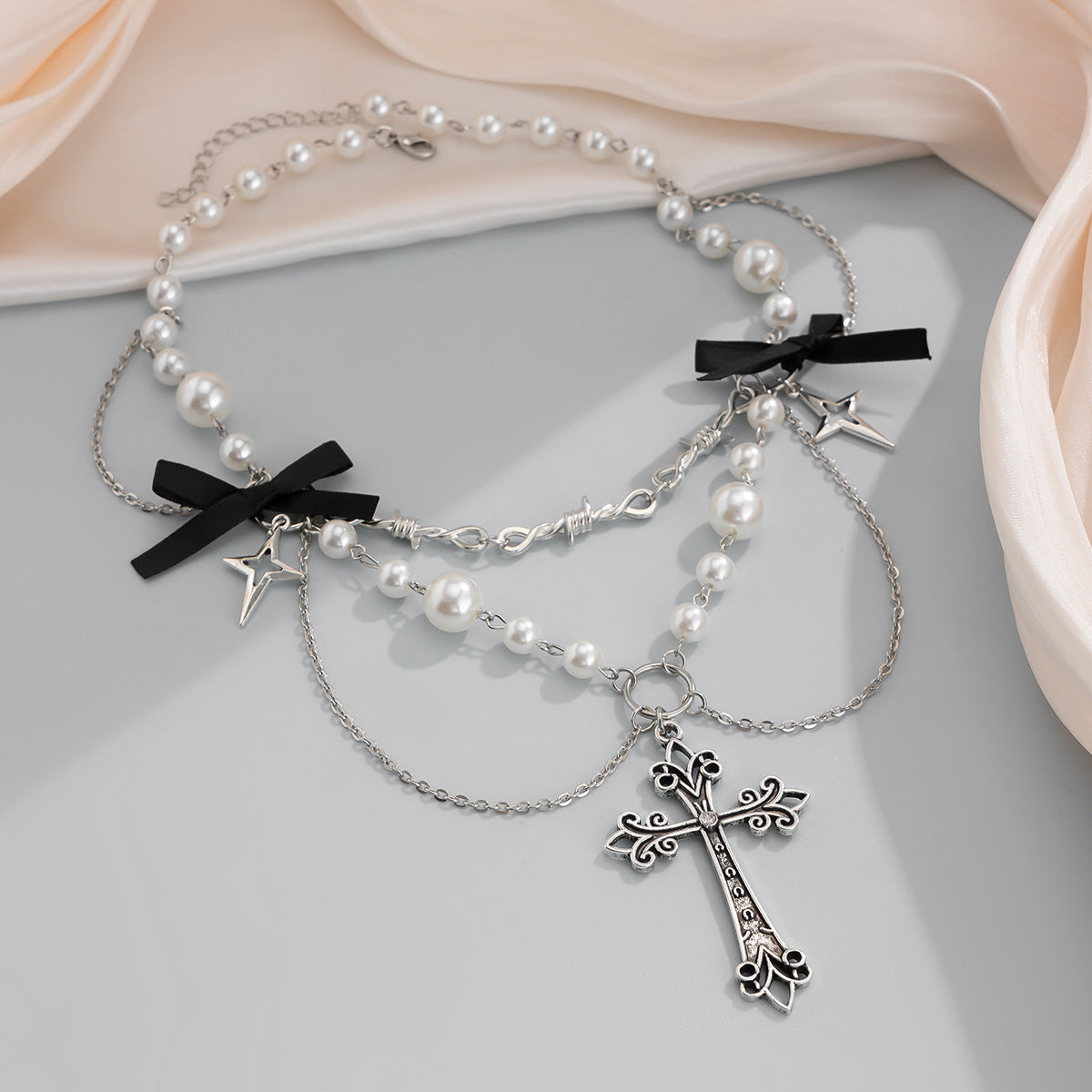 Bow, Cross & Pearl-Style Fringe Necklace