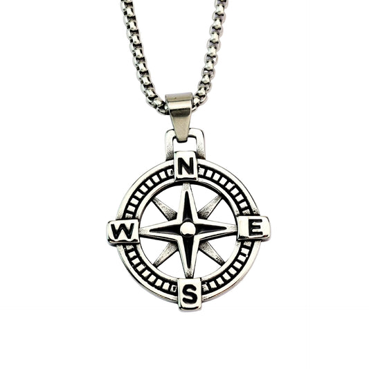 Vintage Compass Stainless Steel Men's Pendant Necklace