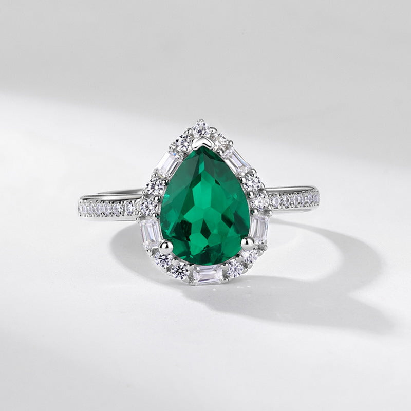 Planderful Jewelry Lab Grown Emerald Ring In Sterling Silver Pear Shape Halo Opening Adjustable