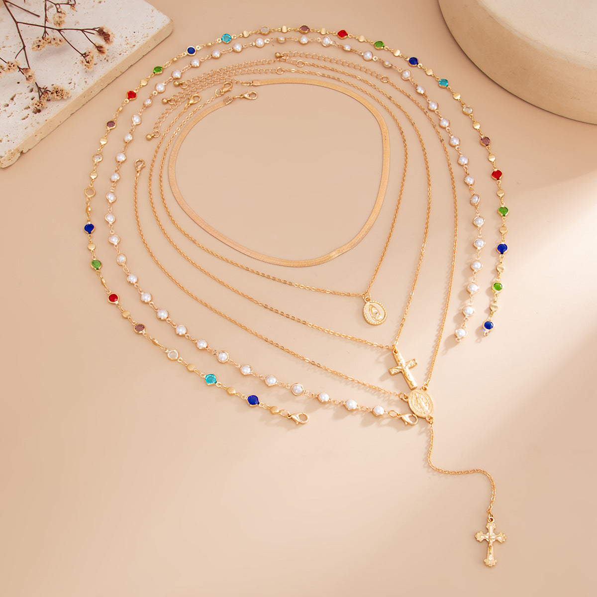 Sun Gem Pendant Stacked Necklace Color Crystal Y-Shaped Long Fringed Necklace