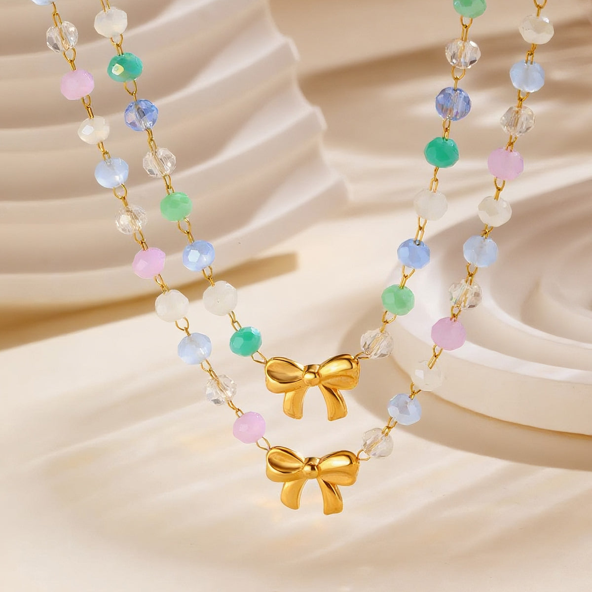 Ladies Sweet Little Fresh Stainless Steel Bow Color Gradual Change Bead Necklace