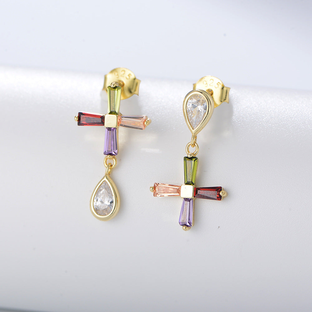 Color Zircon Asymmetric Cross Stud Earrings Sterling Silver Jewelry Earrings