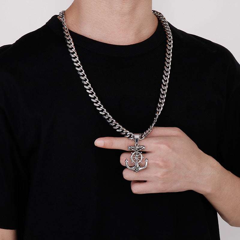 Titanium Steel Necklace, Cross Anchor Pendant, Stainless Steel Men's Pendant