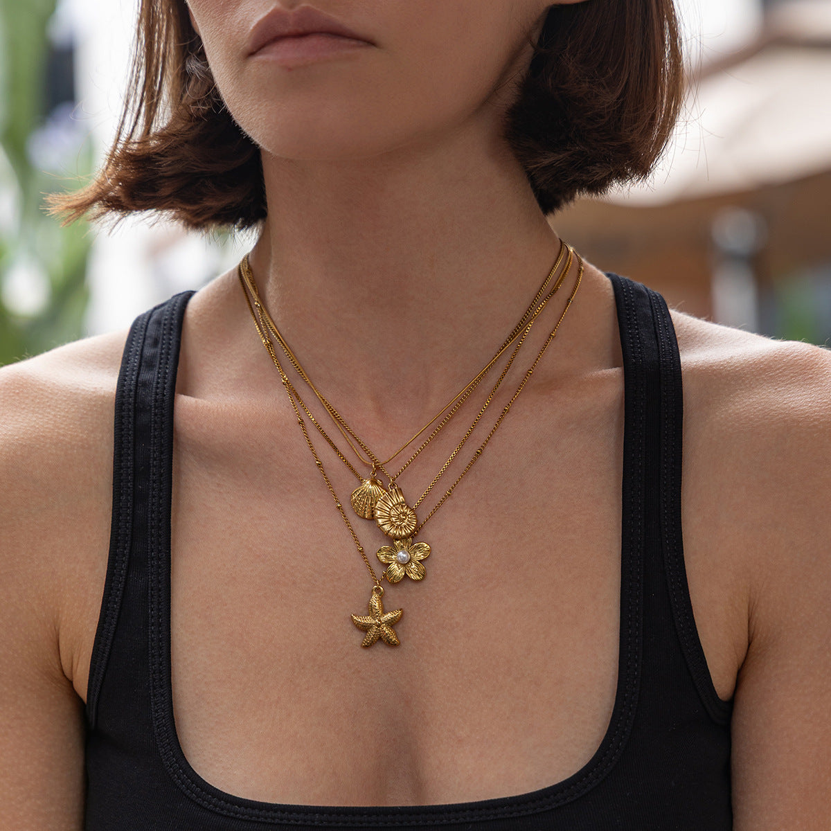 Stainless Steel Thin Chain Flower Collarbone Necklace Ocean Wind Conch Shell Star