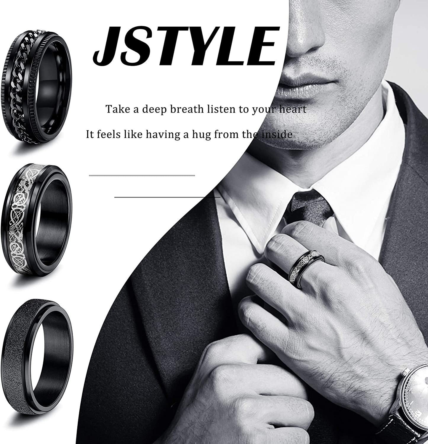 Rotating Titanium Ring for Men with Black Three-Piece Suit