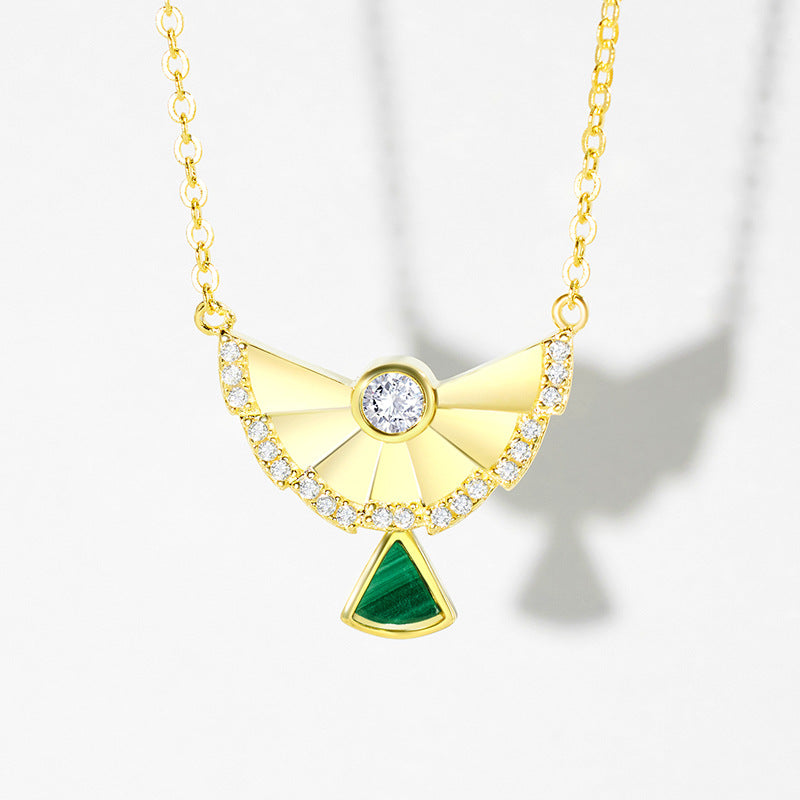Fan Shaped Pendant Malachite Zircon Sterling Silver Necklace