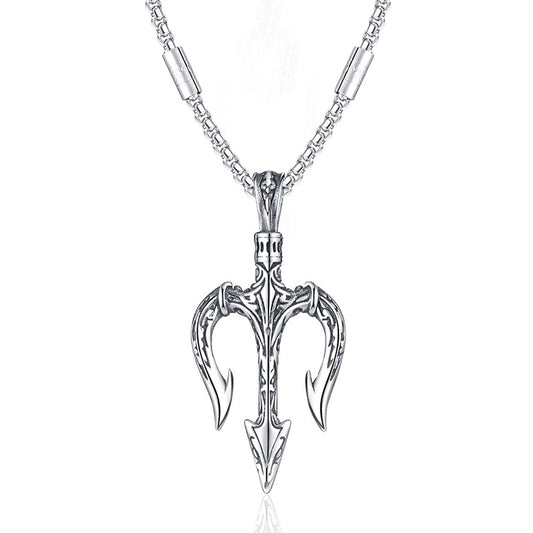 Steel Necklace - Vintage Statement Trident Pendant For Men Everyday Wear Hip Hop Style Planderful
