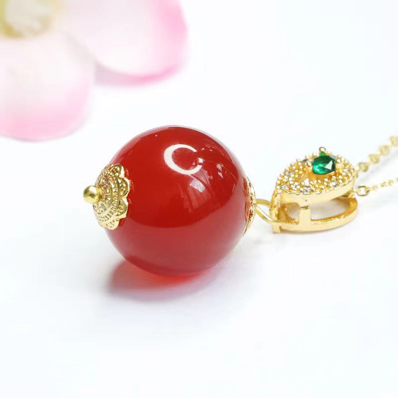 15 mm Red Agate Bead Green Accent Pendant — No Chain