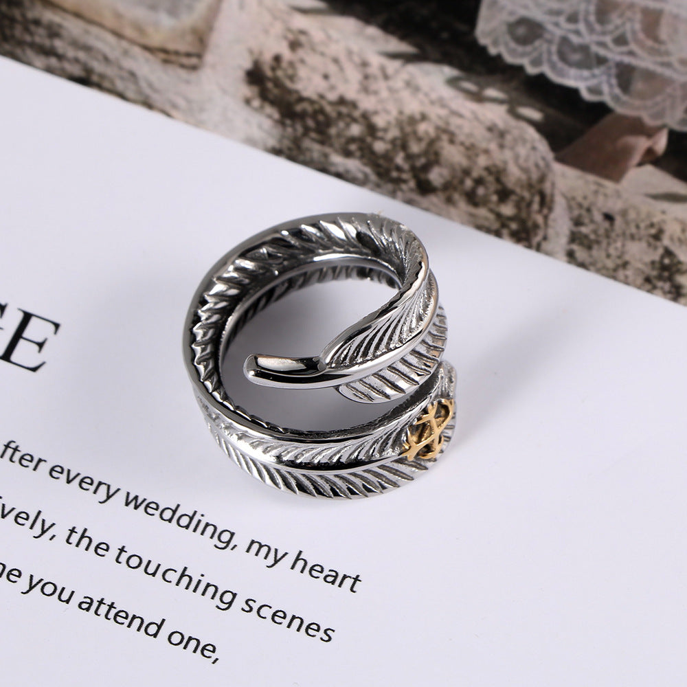 Vintage Titanium Steel Rings For Men Feather Electroplating