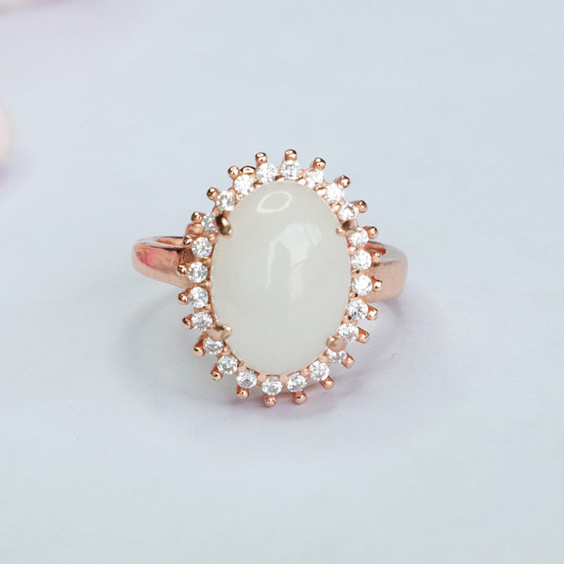 Elegant Oval White Jade Ring with Zircon Halo