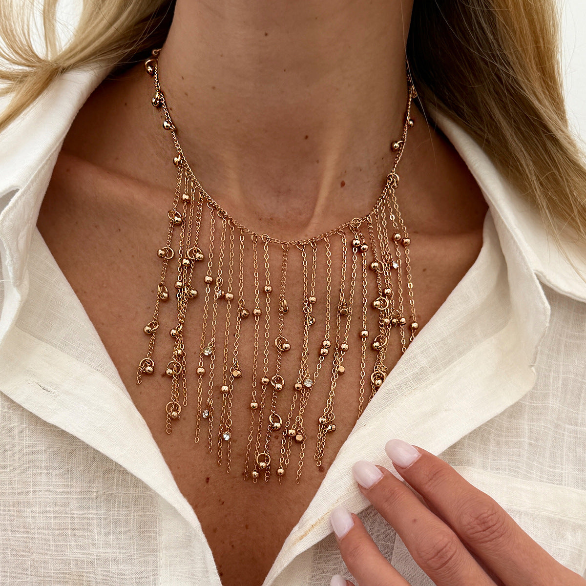Crystal-Style Ball Fringe Necklace