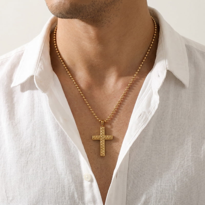 Round Bead Chain Trendy Three-Dimensional Wheat Ear Pattern Cross Pendant, Stainless Steel Square Necklace