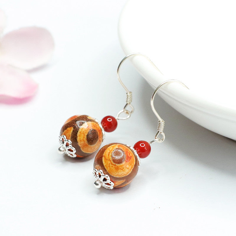 Three-Eye Dzi Bead 925 Silver Hook Earrings